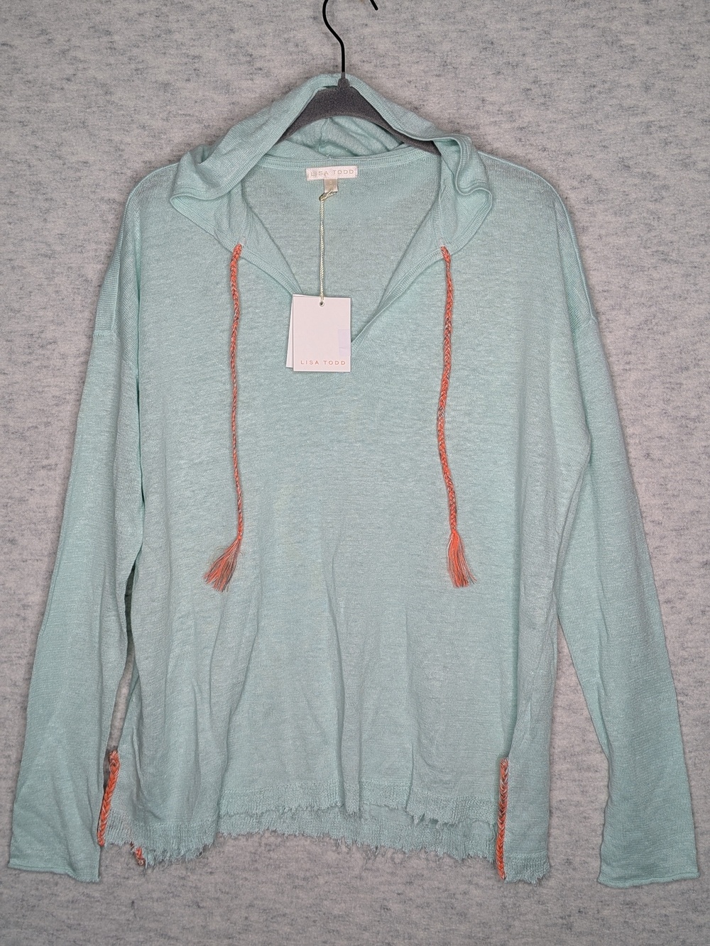 Lisa Todd Tulum Sweater Sz S Dew Fray-Edge Linen Hoodie Lightweight Mint Blouse - Picture 2 of 14